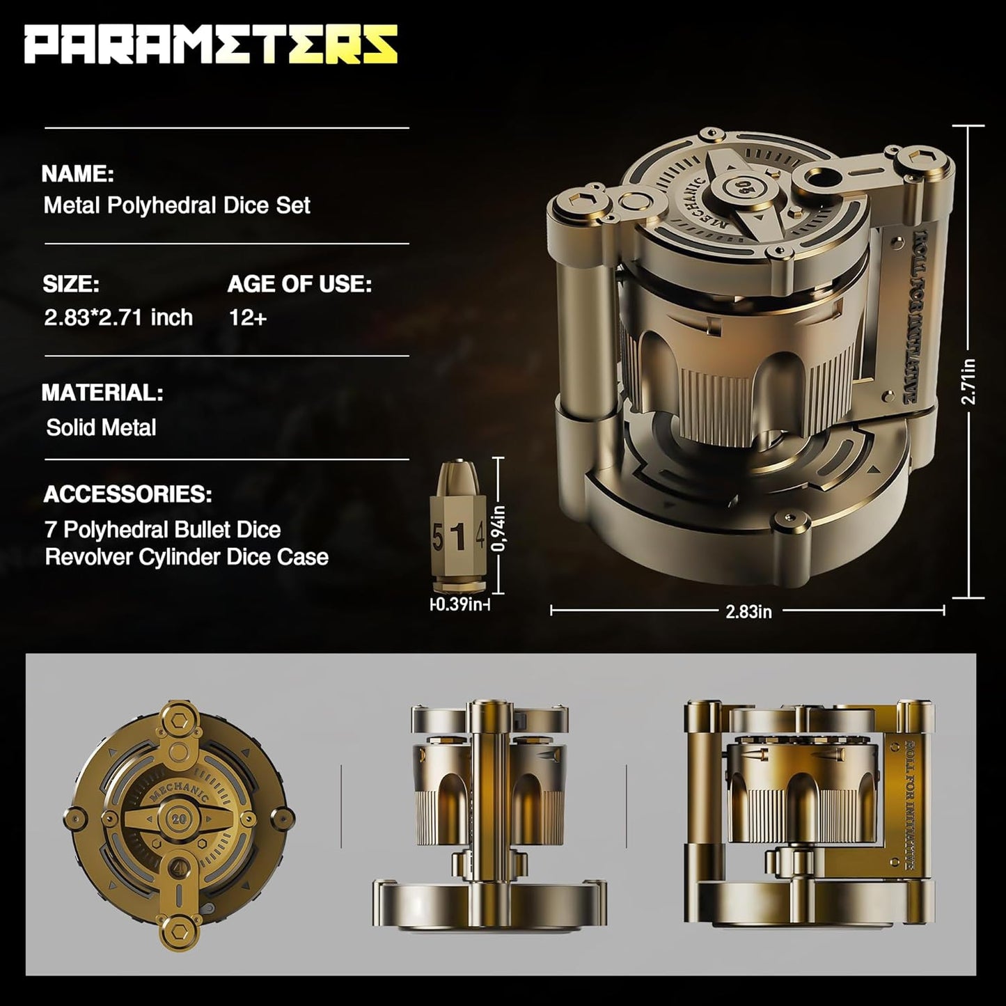 Metal Polyhedral Dice Set | Revolver Case for Gamers & Collectors 🎲🔫