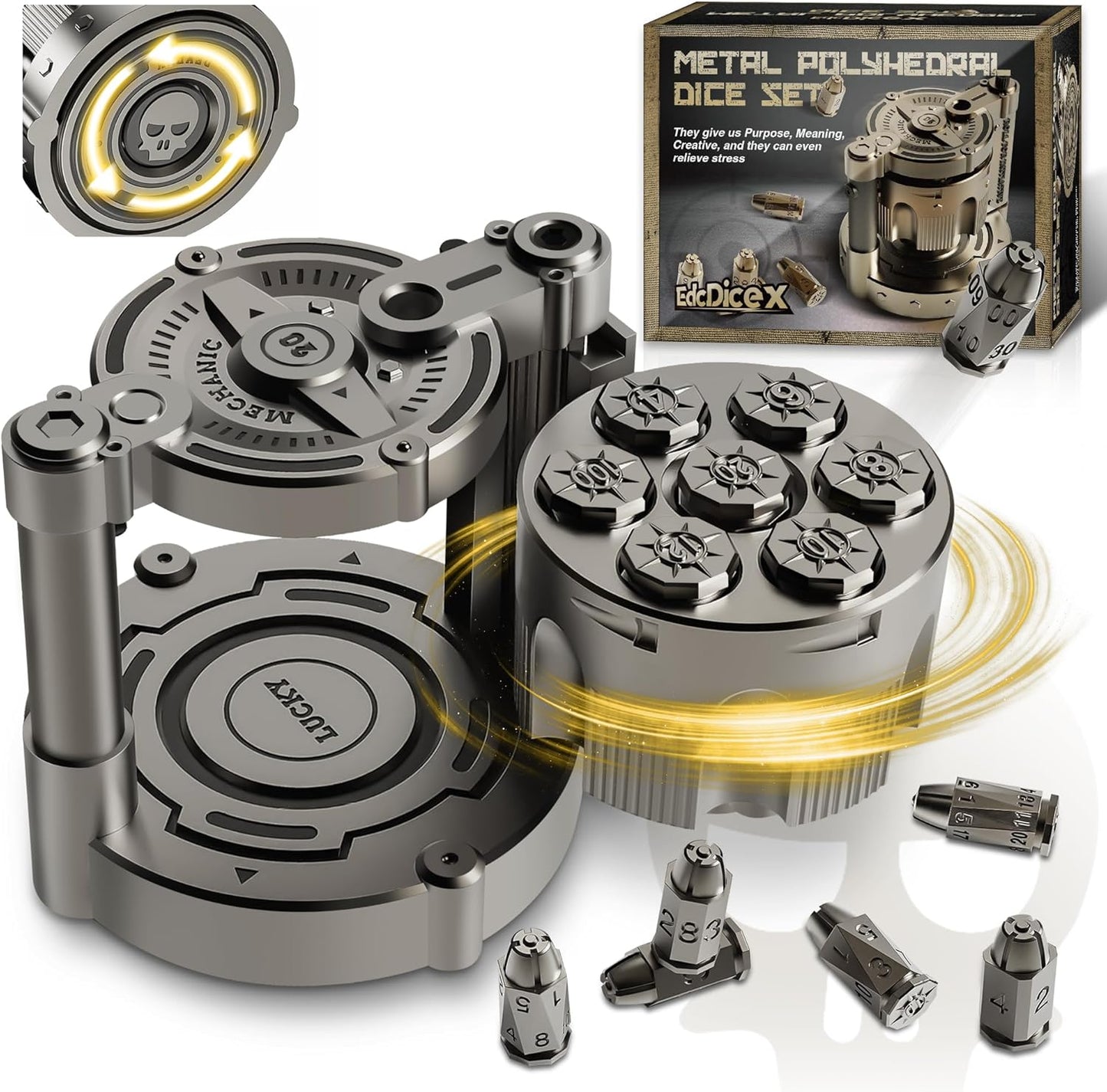 Metal Polyhedral Dice Set | Revolver Case for Gamers & Collectors 🎲🔫