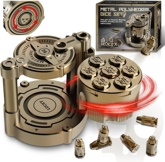 Metal Polyhedral Dice Set | Revolver Case for Gamers & Collectors 🎲🔫